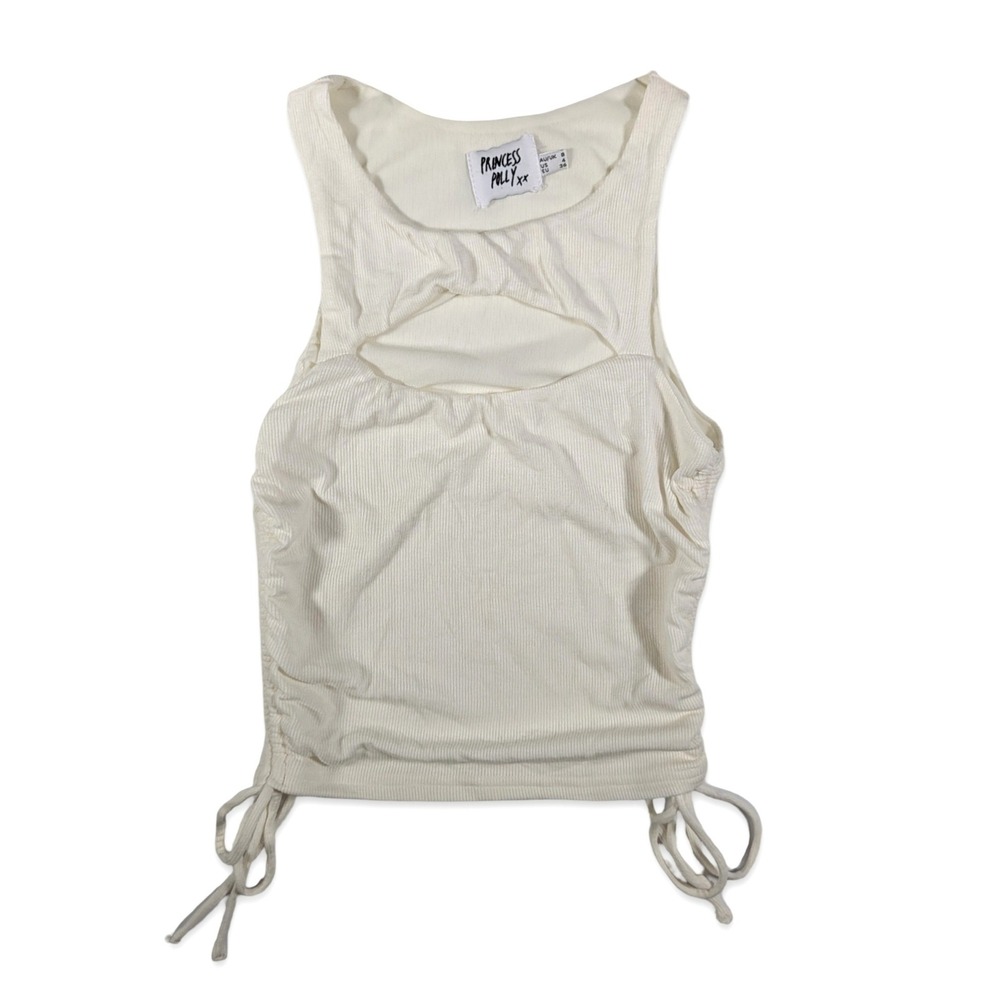 Princess Polly White Ribbed Cutout Ruched Side Tie Tank Top Size 4 - Picture 3 of 10